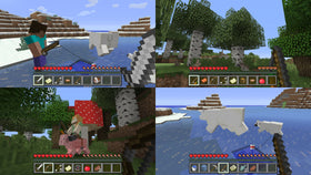 Minecraft console gameplay with players exploring a snowy world, illustrating local multiplayer on Nintendo Switch