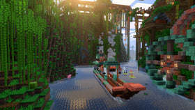 Minecraft Vibrant Visuals showcase showing a river and jungle build with reflective water and enhanced lighting