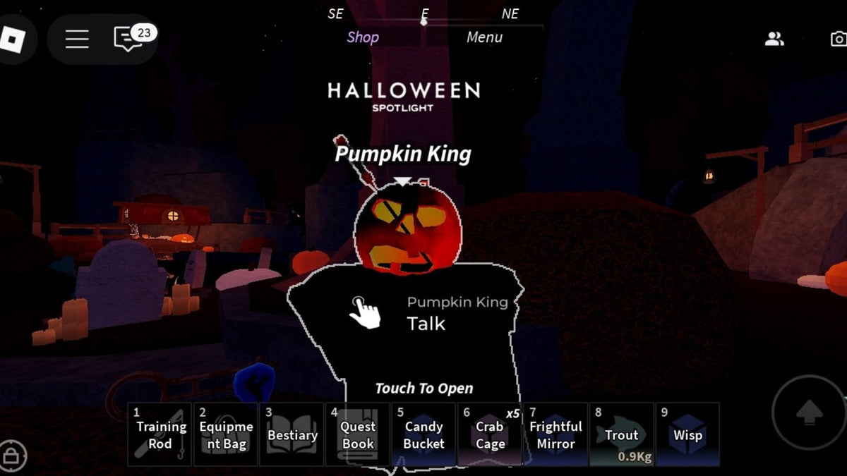 Archival Roblox Halloween Spotlight Pumpkin King interaction in a spooky village, used as a historical FischFright setting reference
