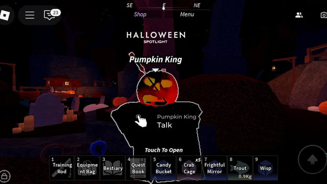 Archival Roblox Halloween Spotlight Pumpkin King interaction in a spooky village, used as a historical FischFright setting reference