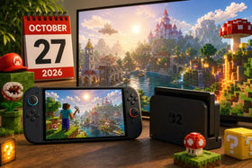 Minecraft running on Nintendo Switch 2 with a bright landscape and enhanced lighting