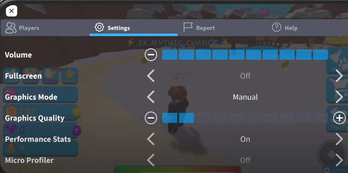 Roblox mobile settings menu with graphics and performance options