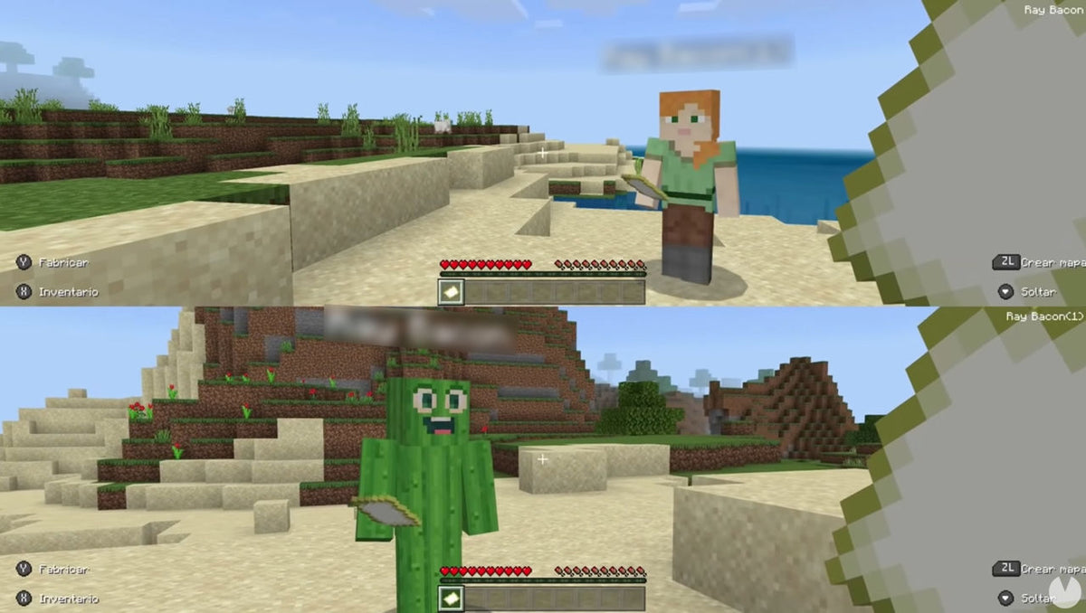 Minecraft split-screen beach gameplay showing two players in the same world