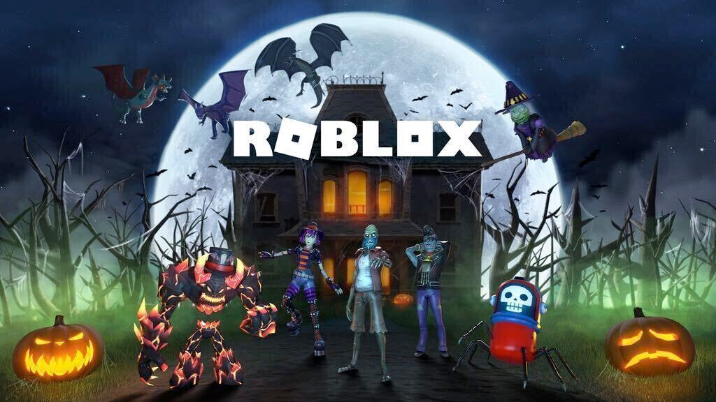 Illustrative Roblox Halloween Spookfest scene with avatars beneath a full moon and haunted mansion