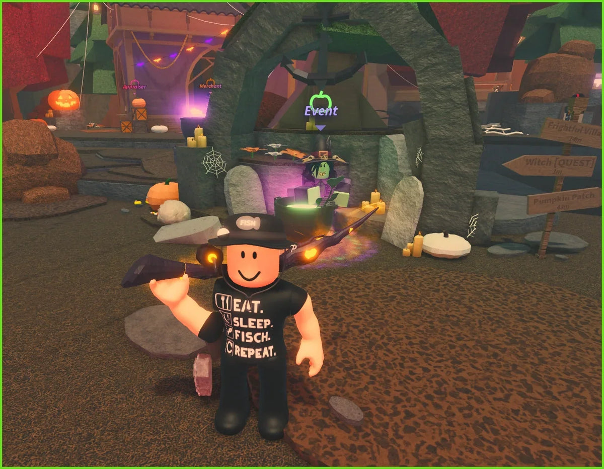 Historical FischFright Halloween scene with a Roblox angler near the witch's cauldron; earlier-event reference, not a 2026 ritual screenshot