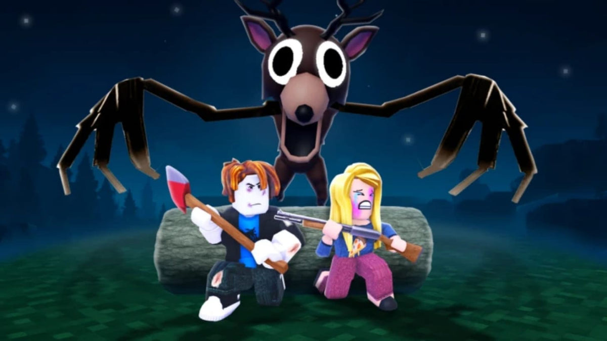 The Deer and Roblox survivors in a forest setting, representing a horror-game world featured in The Hollow