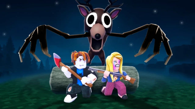 The Deer and Roblox survivors in a forest setting, representing a horror-game world featured in The Hollow