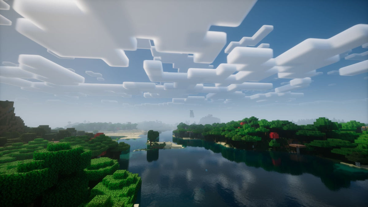 Minecraft forest river scene with reflective water and dense green trees