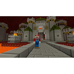 Mario-themed Minecraft fortress with lava-lit walls and Mario standing on a stone bridge