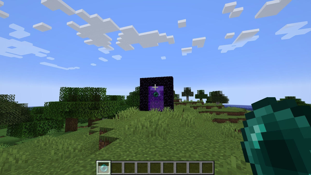 Minecraft player preparing to throw an Ender Pearl toward a Nether portal