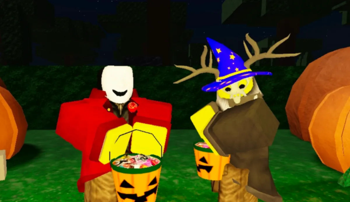 99 Nights in the Forest Halloween gameplay reference showing a Roblox avatar approaching a decorated trick-or-treat house