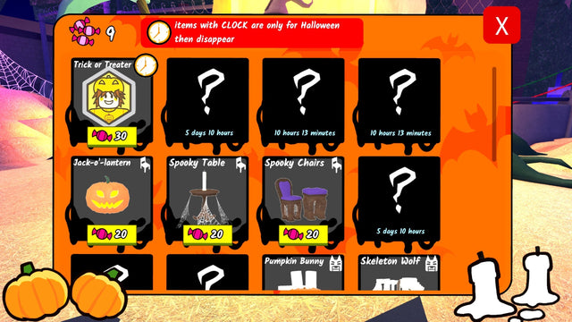 99 Nights in the Forest Halloween shop showing seasonal rewards for the Candy farming guide