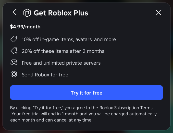 Roblox Plus subscription benefits screen used to explain subscriber perks during The Hollow