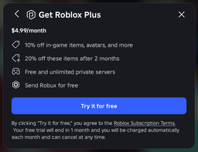 Roblox Plus subscription offer screenshot, used to illustrate the Night 5 status check for The Hollow item launcher