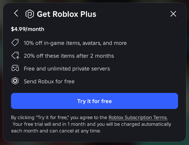 Roblox Plus subscription offer screenshot, used to illustrate the Night 5 status check for The Hollow item launcher