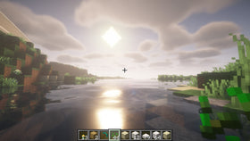 Minecraft lakeside scene with Vibrant Visuals sunset lighting, volumetric fog, and water reflections