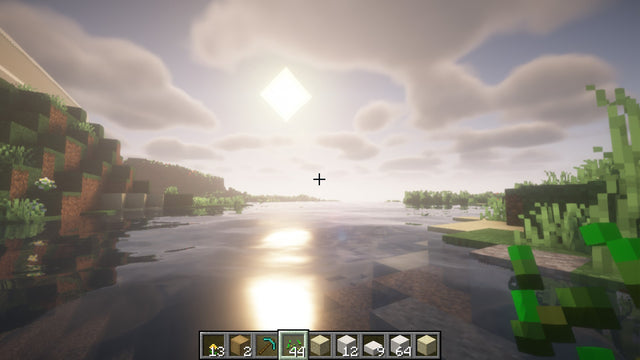 Minecraft lakeside scene with Vibrant Visuals sunset lighting, volumetric fog, and water reflections