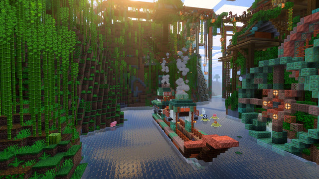Minecraft Vibrant Visuals showcase showing a river and jungle build with reflective water and enhanced lighting