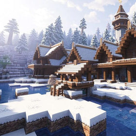 Snowy Minecraft village beside a frozen lake, illustrative winter-build image