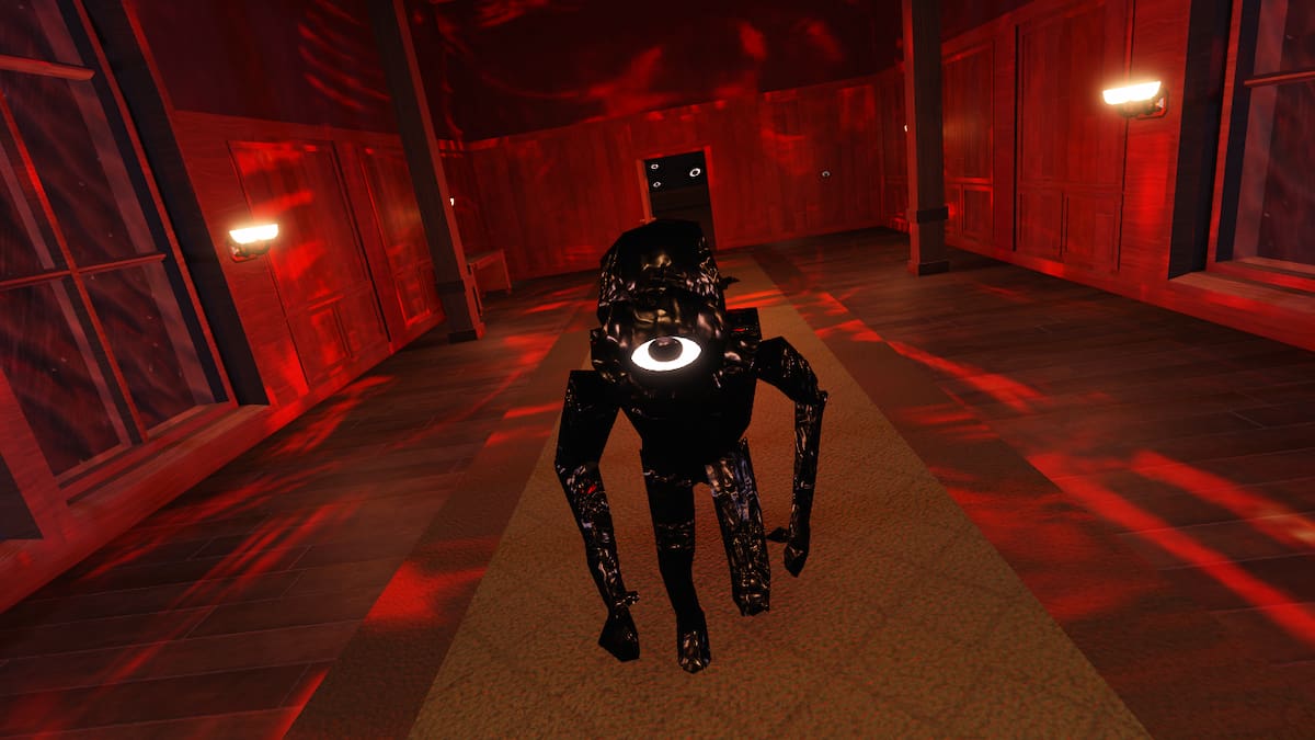 Seek in a red-lit Roblox DOORS corridor, illustrative Roblox horror-event artwork