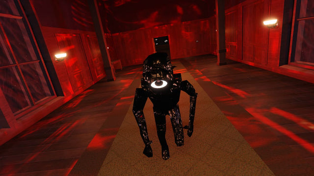 Seek from the Roblox horror experience DOORS in a red-lit corridor