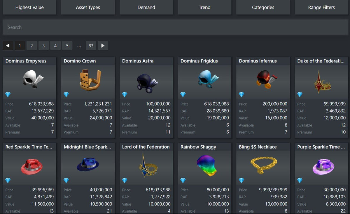 Roblox Limited avatar item marketplace listings with price and recent average price information