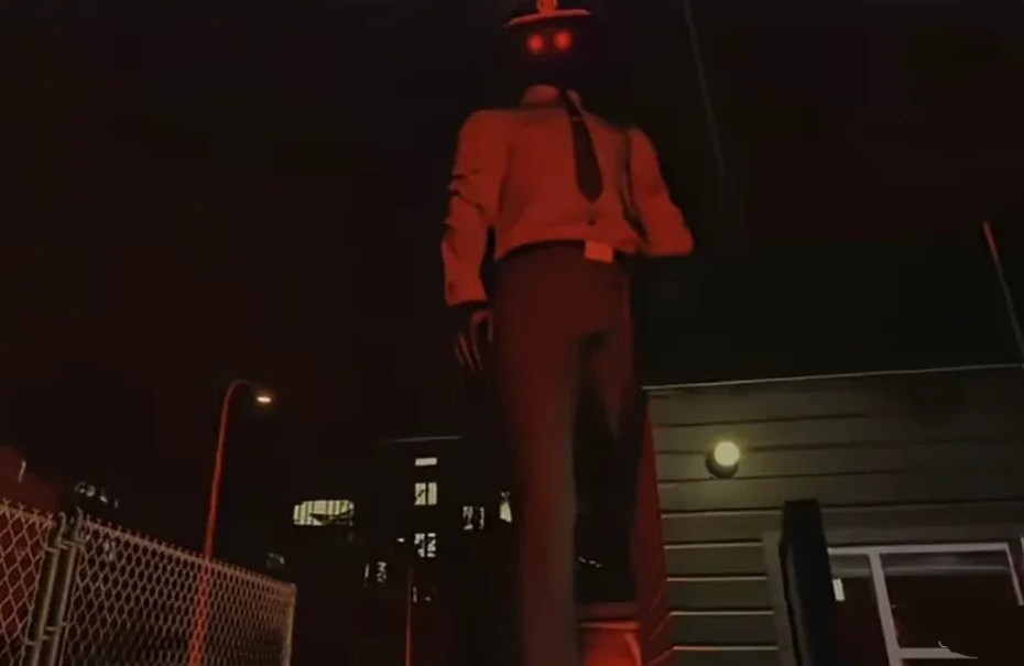 The Inspector character from Scary Shawarma Kiosk shown in a dark red-lit street scene
