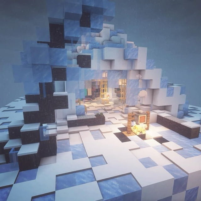 Minecraft-inspired ice cave base with a snowy archway and warm lantern light