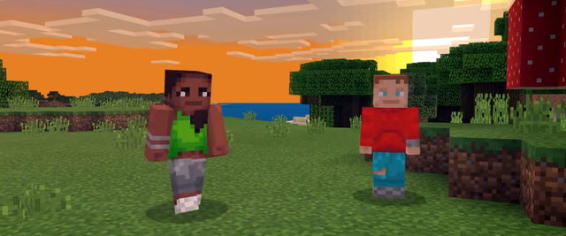 Minecraft character in a grassy world representing cross-platform multiplayer