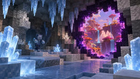 Minecraft-style icy cave scene with hanging icicles and blue ice crystals