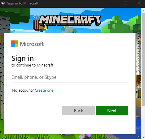 Microsoft account sign-in dialog for Minecraft