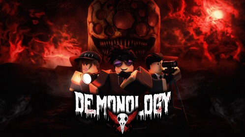 Demonology Roblox horror game promotional image showing players in a dark red-lit setting