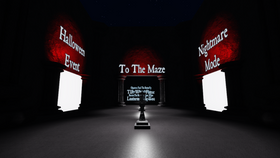 Roblox horror maze lobby with illuminated gateways