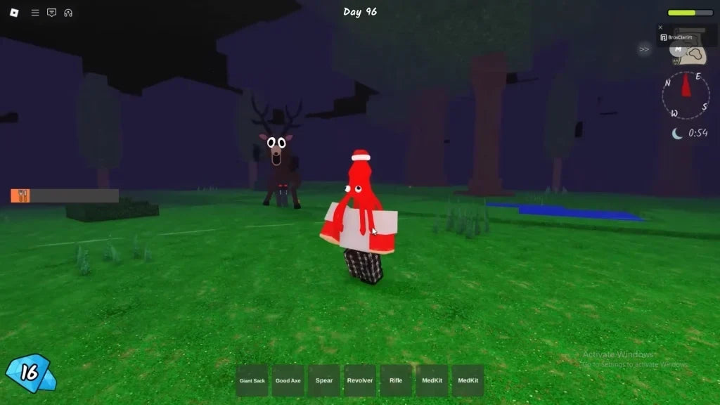 Real Roblox 99 Nights in the Forest gameplay screenshot showing a player avatar and the Deer in a nighttime forest