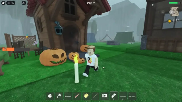 Roblox 99 Nights in the Forest Halloween scene with a candle and pumpkins near a camp building