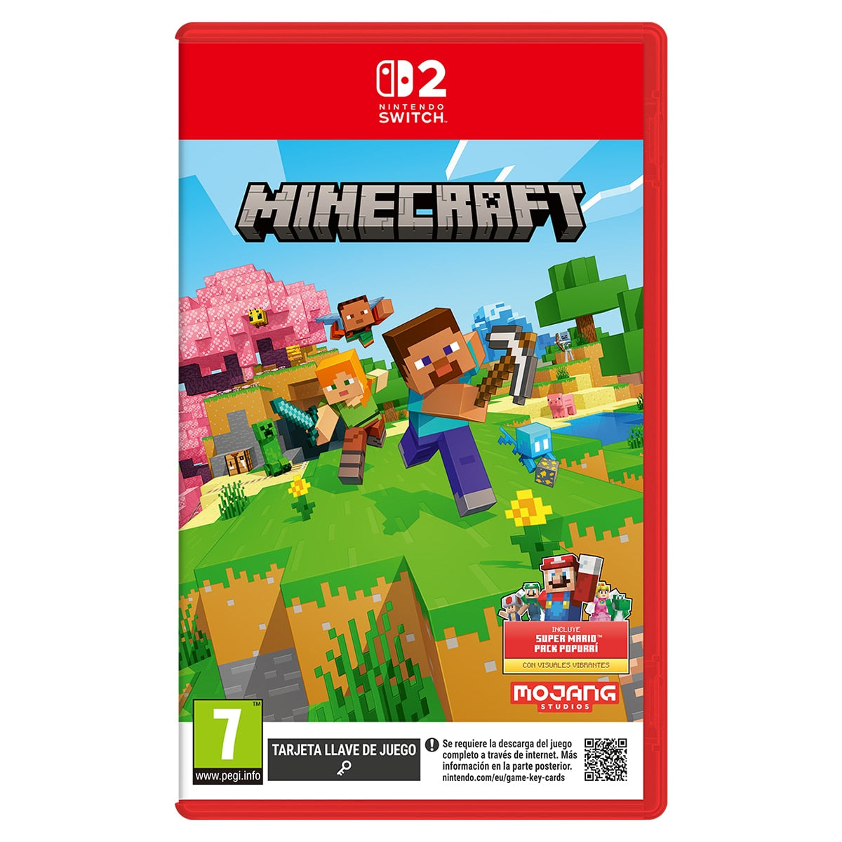 Minecraft Nintendo Switch 2 physical game case featuring Steve, Alex, and the Super Mario Mash-Up Pack