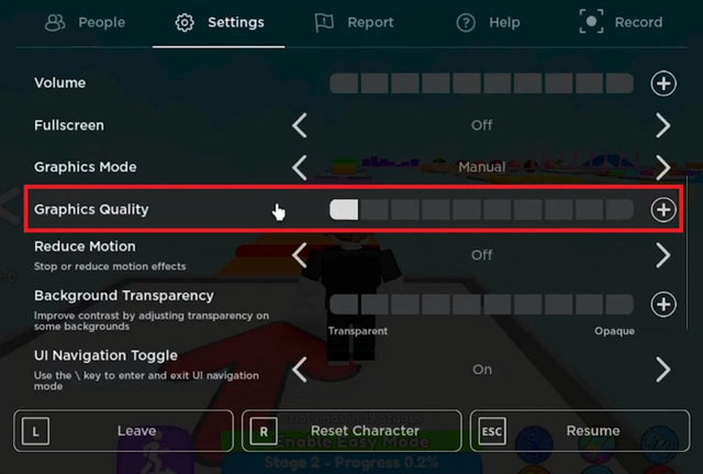 Roblox graphics quality slider highlighted in the in-experience settings menu